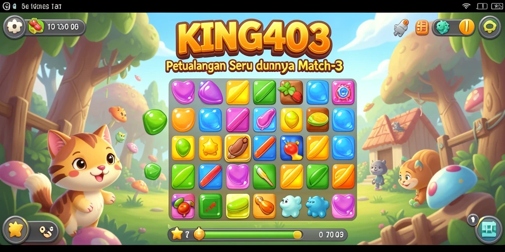 Tampilan gameplay KING403 yang seru dan penuh warna dalam pertarungan Match-3.