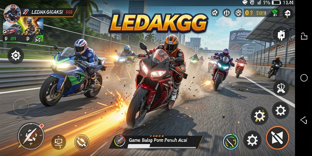 Screenshot gameplay LEDAKGG menampilkan aksi balapan motor yang mendebarkan.