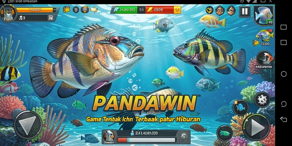 Tangkapan layar utama PANDAWIN menampilkan aksi menembak ikan yang seru.