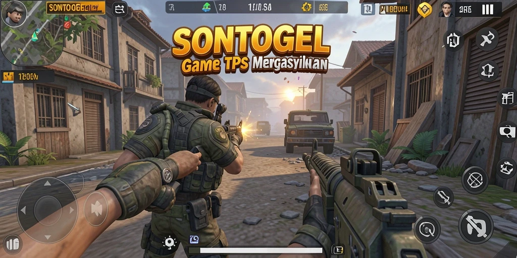 Screenshot utama SONTOGEL menampilkan aksi intens di arena TPS.